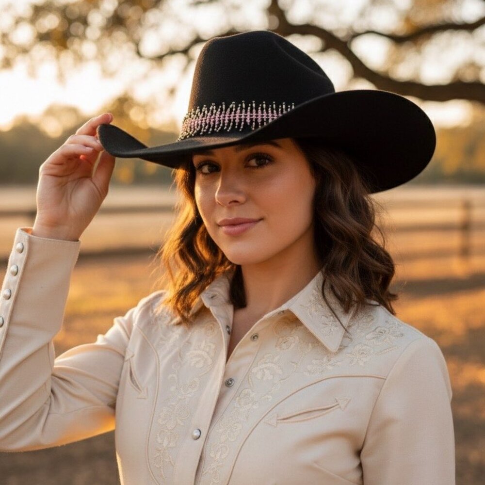 Wrangler Twenty X Wool Cowboy Hat Black Beaded Band Medium Western